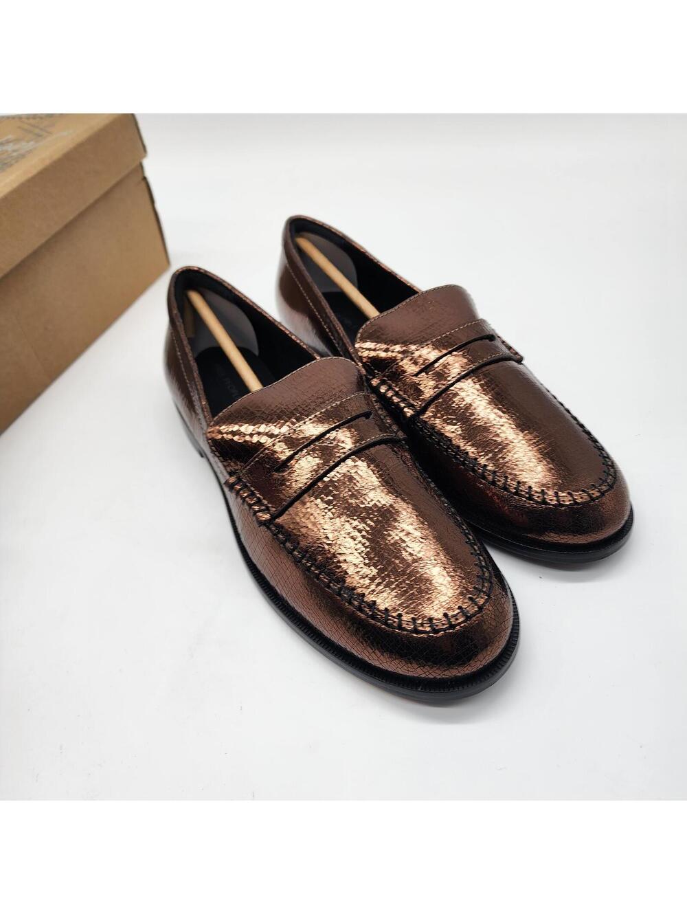 Free People Bronze Metallic Crackled Leather Loafers Size 10 New